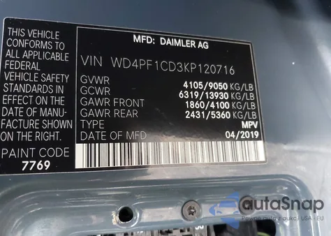 2019 Mercedes-Benz Sprinter 2500 High Roof V6 z USA, uszkodzony, nr VIN WD4PF1CD3KP120716